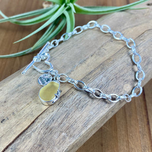 Pale Yellow Sweetheart Sea Glass Toggle Bracelet — Sterling Silver