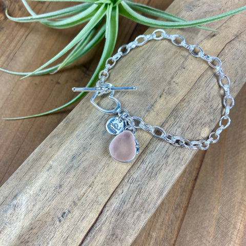 Soft Pink Sweetheart Sea Glass Toggle Bracelet — Sterling Silver