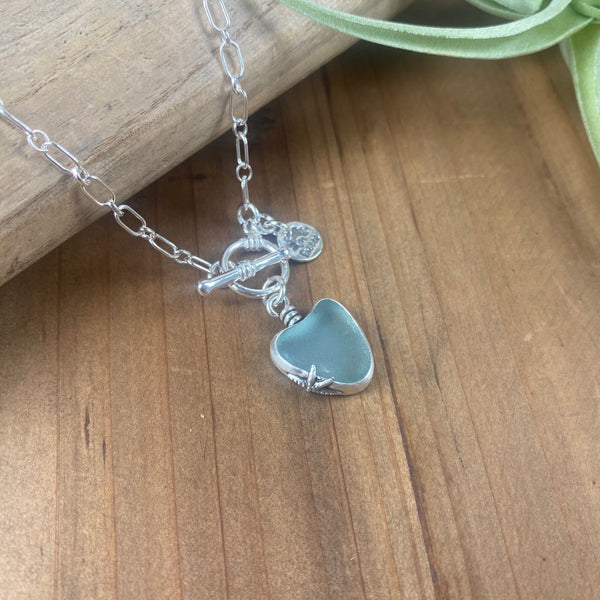 Pale Aqua Sea Glass Heart Pendant — Sterling Silver