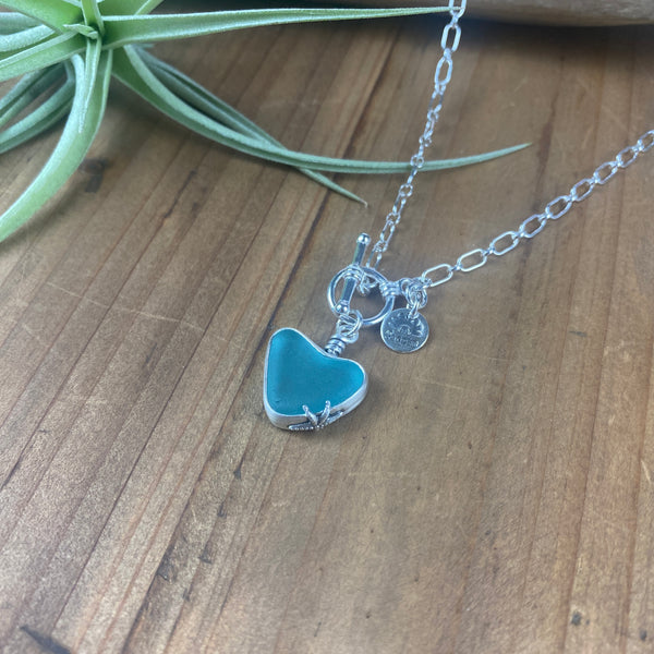 Turquoise Sea Glass Heart Pendant — Sterling Silver