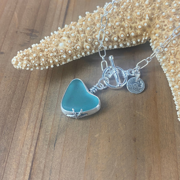 Turquoise Sea Glass Heart Pendant — Sterling Silver