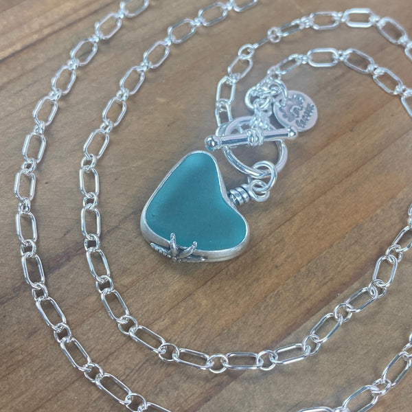 Turquoise Sea Glass Heart Pendant — Sterling Silver