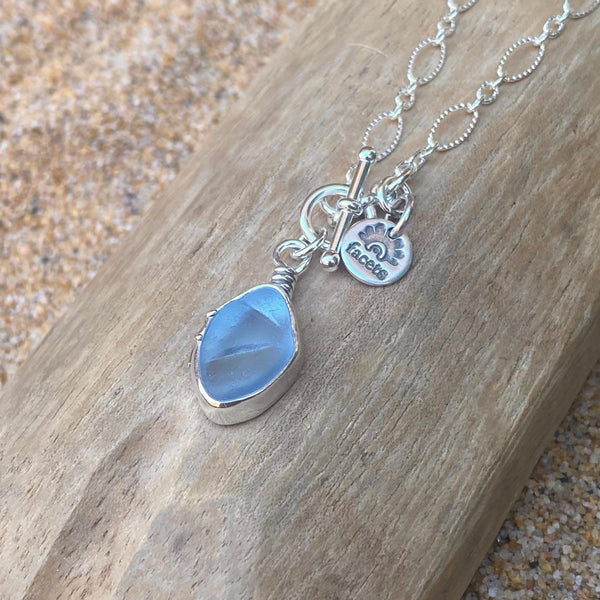 Light Cornflower Blue Diamond Sea Glass Pendant— Sterling Silver