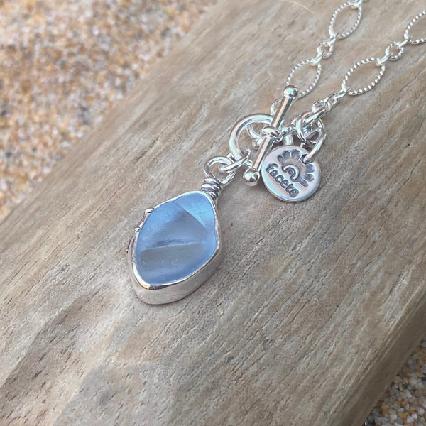 Light Cornflower Blue Diamond Sea Glass Pendant— Sterling Silver