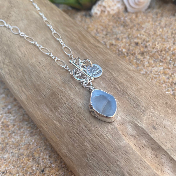 Light Cornflower Blue Diamond Sea Glass Pendant— Sterling Silver