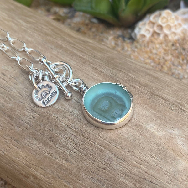 "B" for Blue Ohajiki Sea Glass Pendant— Sterling Silver