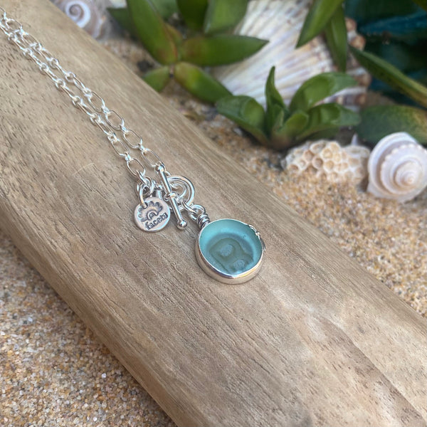 "B" for Blue Ohajiki Sea Glass Pendant— Sterling Silver