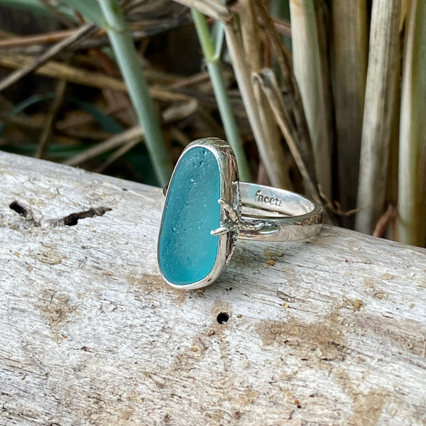 Aquamarine Taper Sea Glass Ring — Sterling Silver