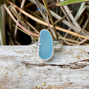 Steel Blue Sea Glass Ring — Sterling Silver