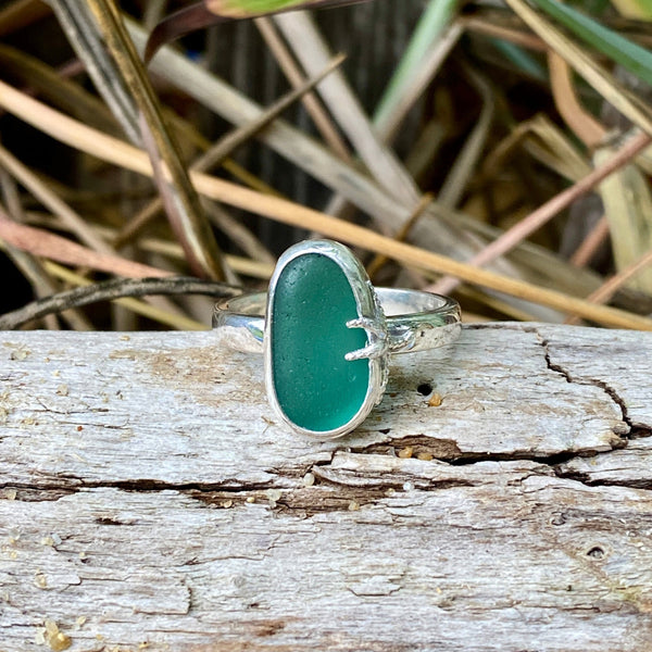 Dark Teal Sea Glass Ring — Sterling Silver