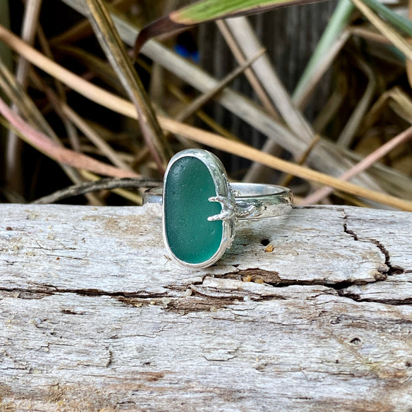 Dark Teal Green Sea Glass Ring — Sterling Silver