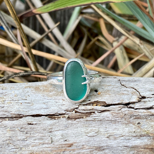 Dark Teal Sea Glass Ring — Sterling Silver