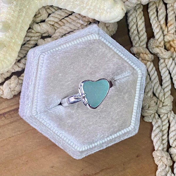 Light Teal Signature Sea Glass Heart Ring — Sterling Silver