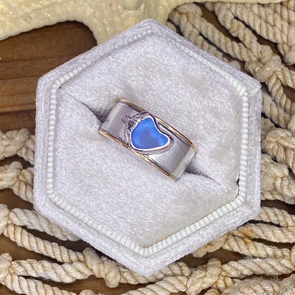 Cornflower Blue Sea Glass Heart Ring Band — Sterling Silver