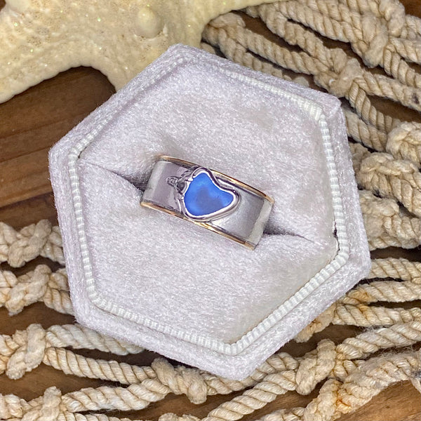 Cornflower Blue Sea Glass Heart Ring Band — Sterling Silver