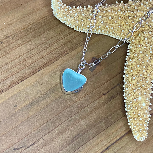 Signature Style Aqua Blue Sea Glass Heart Necklace— Sterling Silver