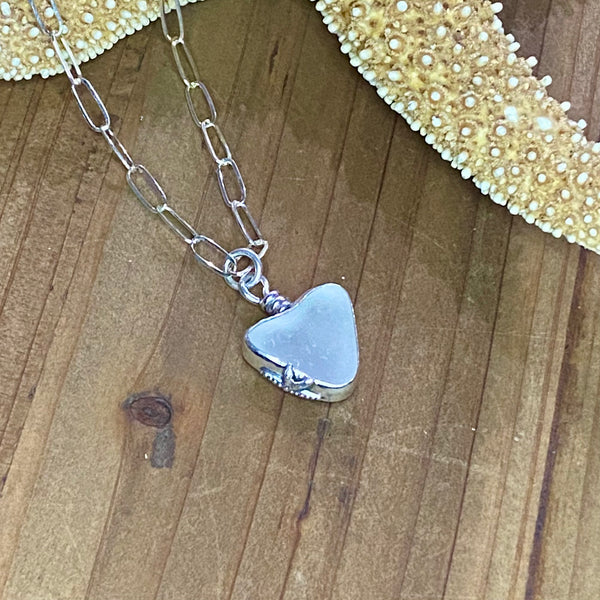 Signature Style Frost White Sea Glass Heart Necklace— Sterling Silver
