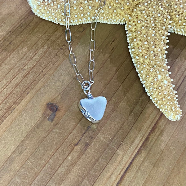 Signature Style Frost White Sea Glass Heart Necklace— Sterling Silver