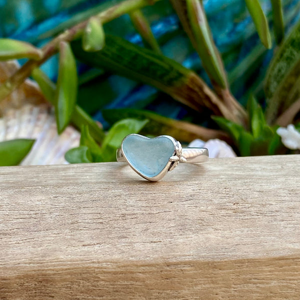 Frosty Blue Signature Sea Glass Heart Ring — Sterling Silver