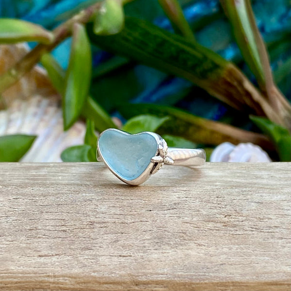 Frosty Blue Signature Sea Glass Heart Ring — Sterling Silver