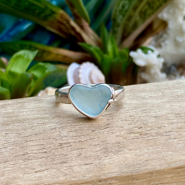 Frosty Blue Signature Sea Glass Heart Ring — Sterling Silver