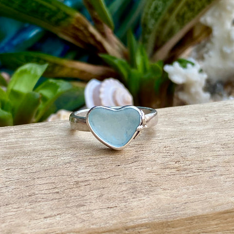 Frosty Blue Signature Sea Glass Heart Ring — Sterling Silver