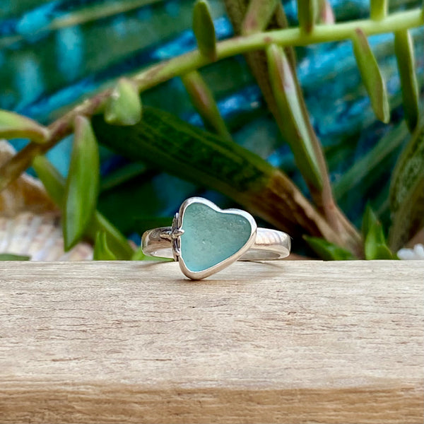 Light Teal Signature Sea Glass Heart Ring — Sterling Silver
