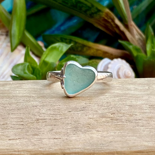 Light Teal Signature Sea Glass Heart Ring — Sterling Silver
