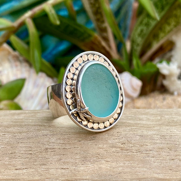 14k Gold Endless Summer Sea Glass Ring  — Sterling Silver & Gold