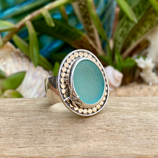 14k Gold Endless Summer Sea Glass Ring  — Sterling Silver & Gold
