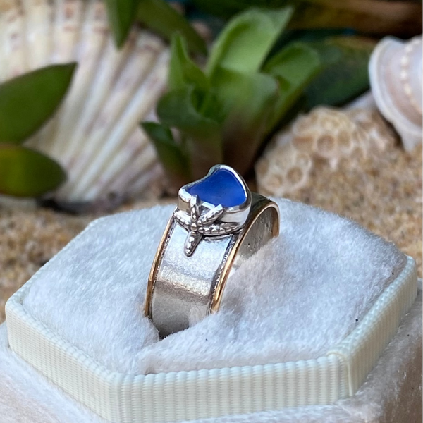 Cornflower Blue Sea Glass Heart Ring Band — Sterling Silver