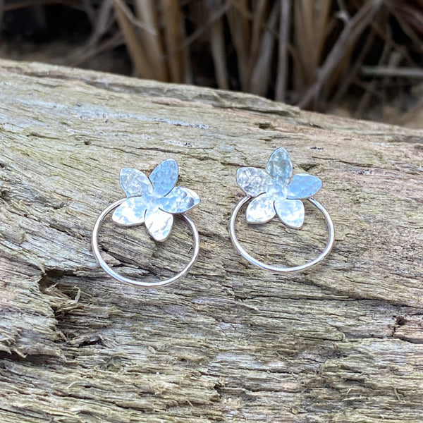 Plumeria Baby Hoop Studs — Sterling Silver