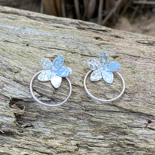 Plumeria Baby Hoop Studs — Sterling Silver