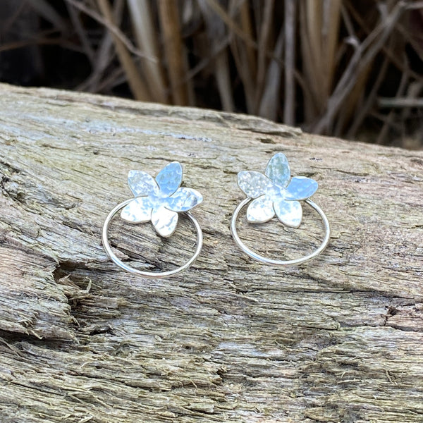 Plumeria Baby Hoop Studs — Sterling Silver