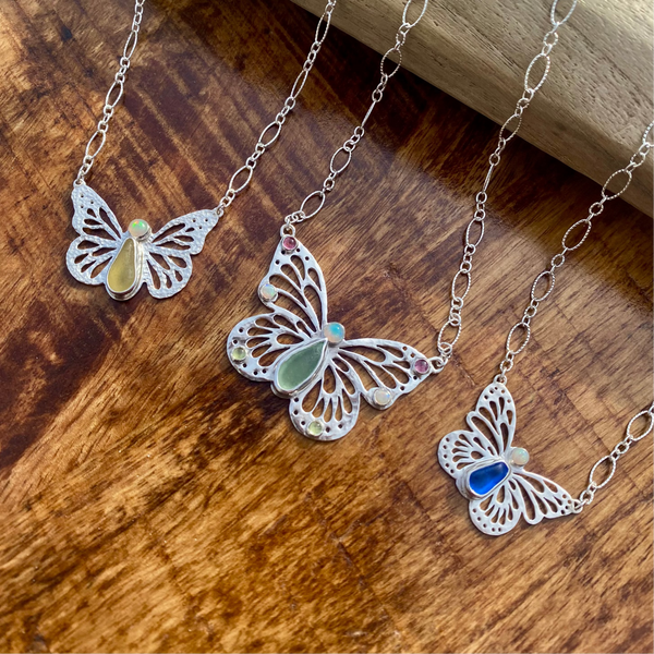 Sea Glass Butterfly Necklaces — Sterling Silver