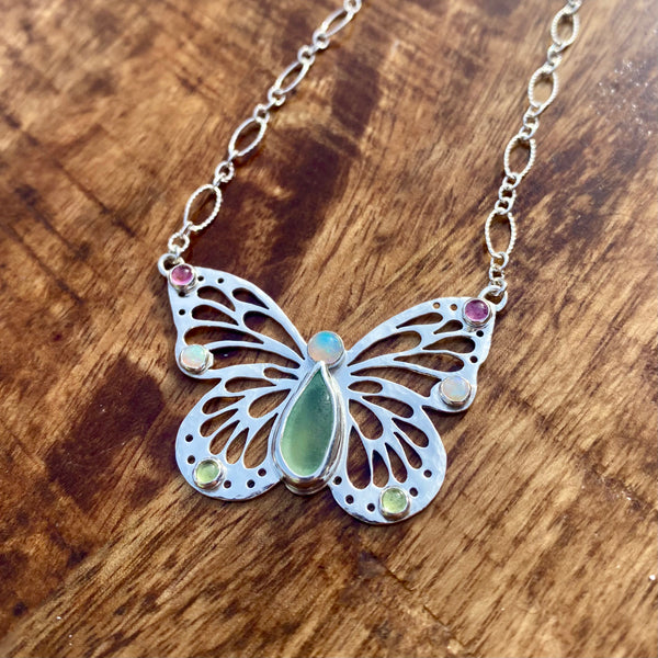 Sea Glass Butterfly Necklaces — Sterling Silver