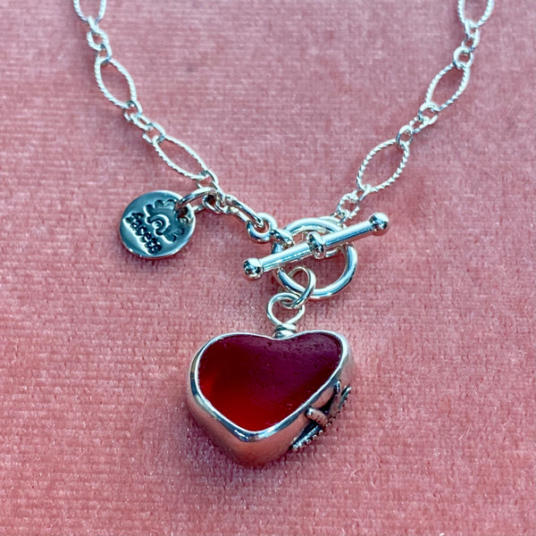 Signature Style Ruby Red Sea Glass Heart Necklace— Sterling Silver