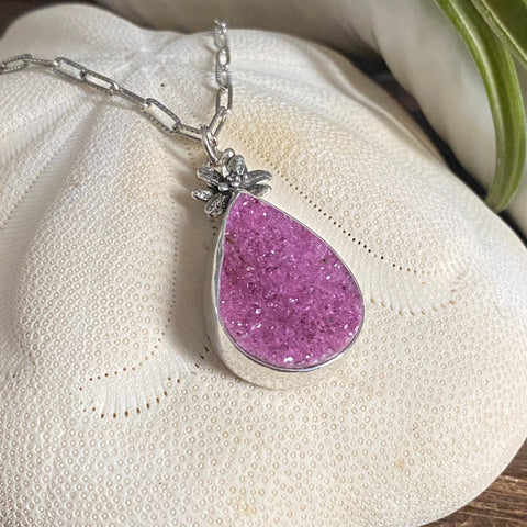 Natural Pink Drusy Succulent Drop Pendant — Sterling Silver