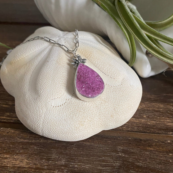 Natural Pink Drusy Succulent Drop Pendant — Sterling Silver