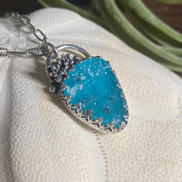 Natural Teal Drusy Succulent Pendant — Sterling Silver