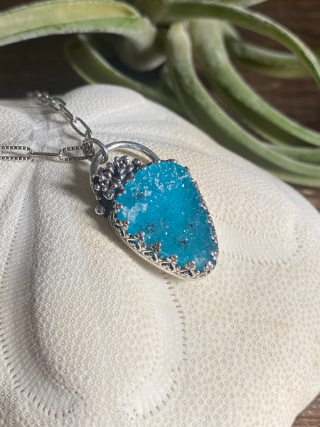 Natural Teal Drusy Succulent Pendant — Sterling Silver